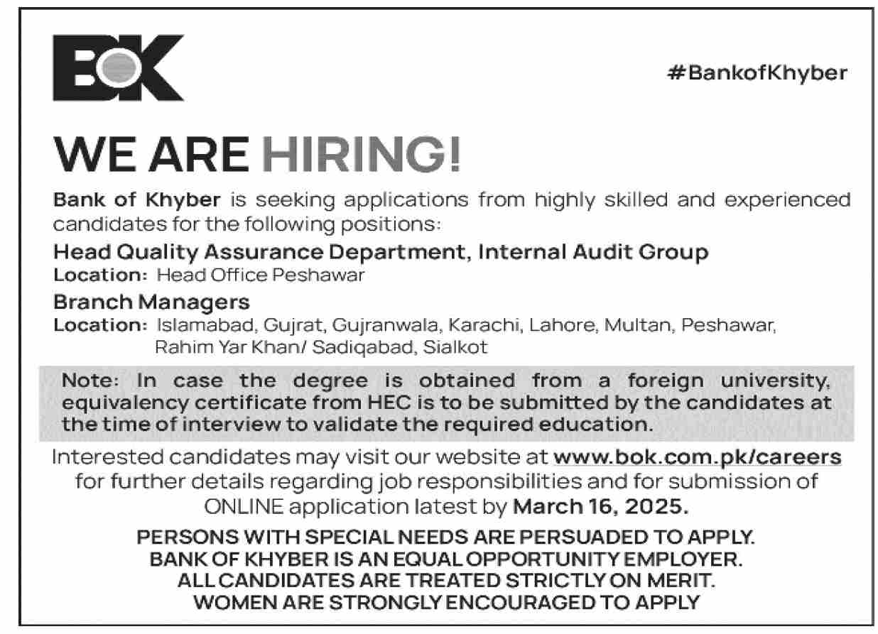 Bank of Khyber Jobs 2025