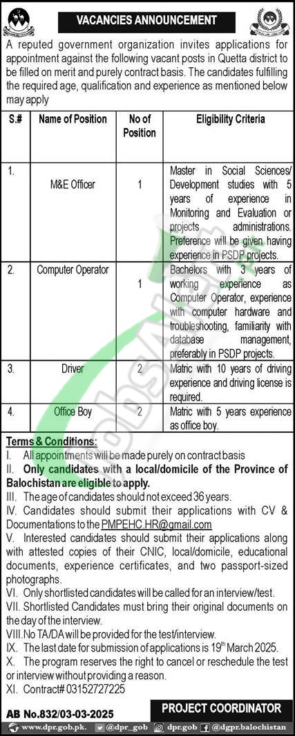 Public Sector Organization Jobs in Quetta 2025