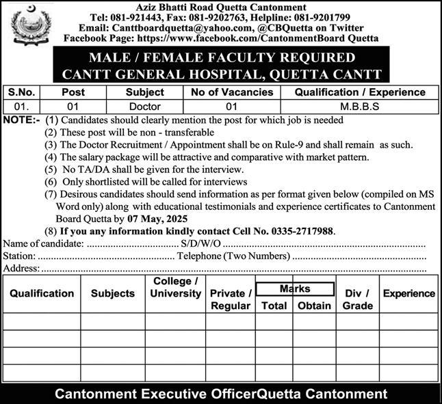 Cantonment Board Quetta Jobs 2025