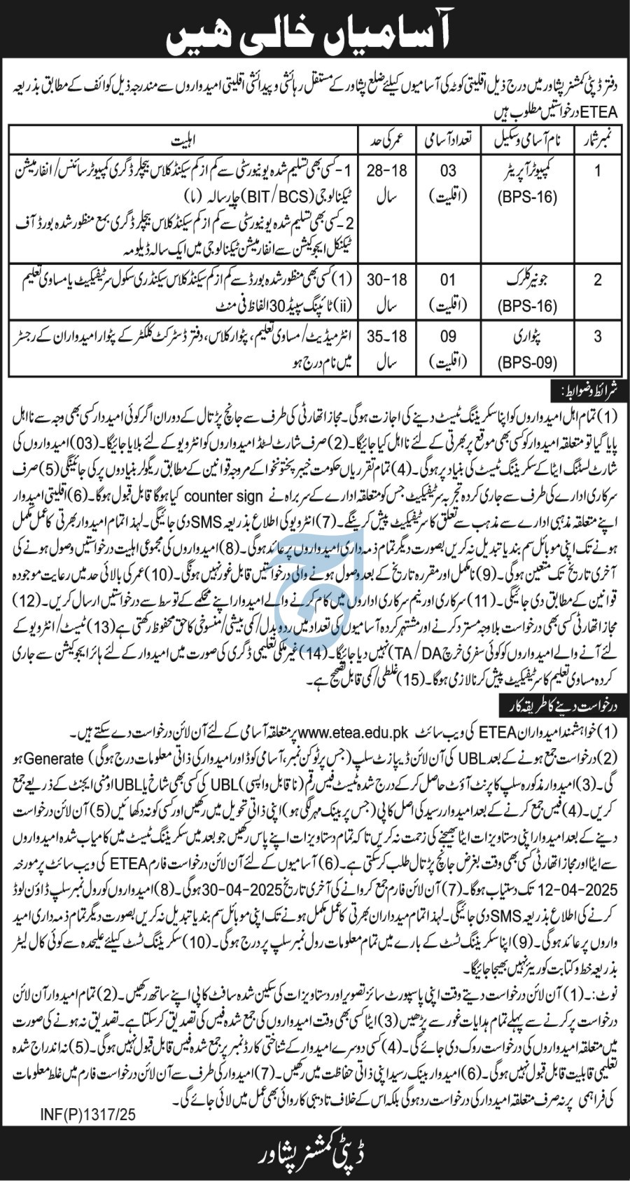 Deputy Commissioner Office Jobs Peshawar 2025