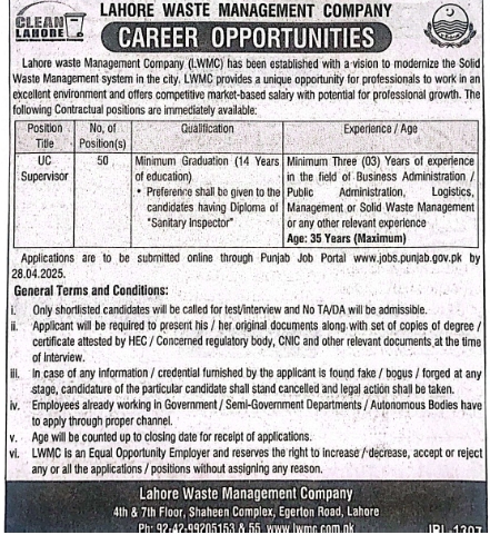 LWMC Jobs 2025 Lahore Waste Management Company