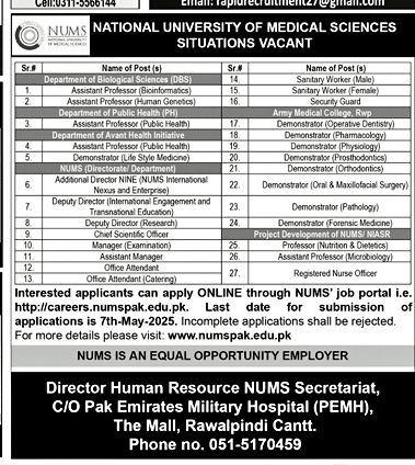 National university Of Medical Sciences NUMS Jobs 2025