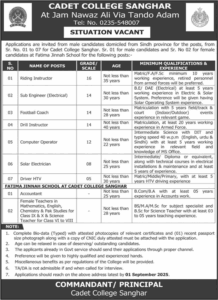 Cadet College Sanghar Jobs 2025