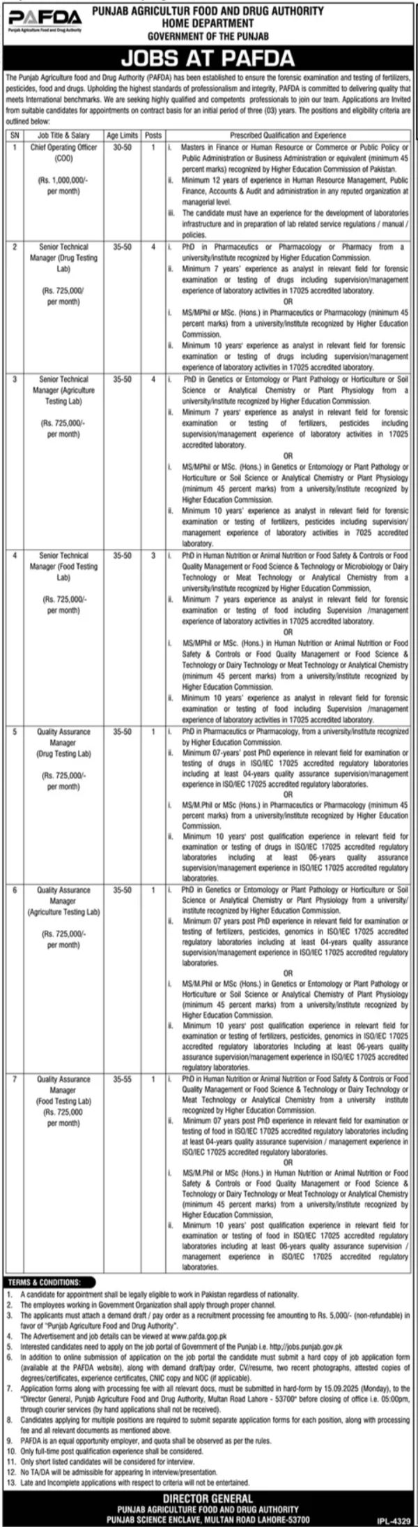 Punjab Agriculture Food Drug Authority Jobs 2025