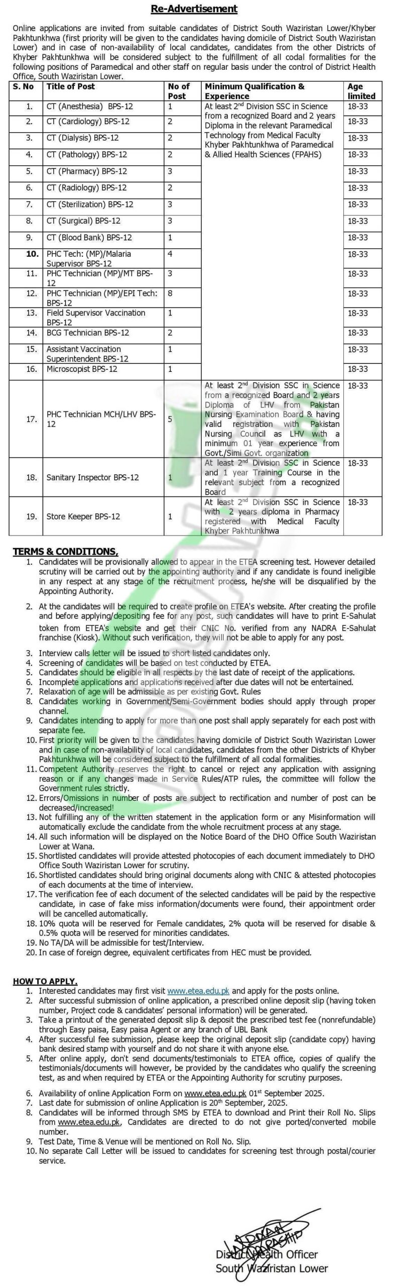 District Health Officer Souh Wazirastan Jobs 2025