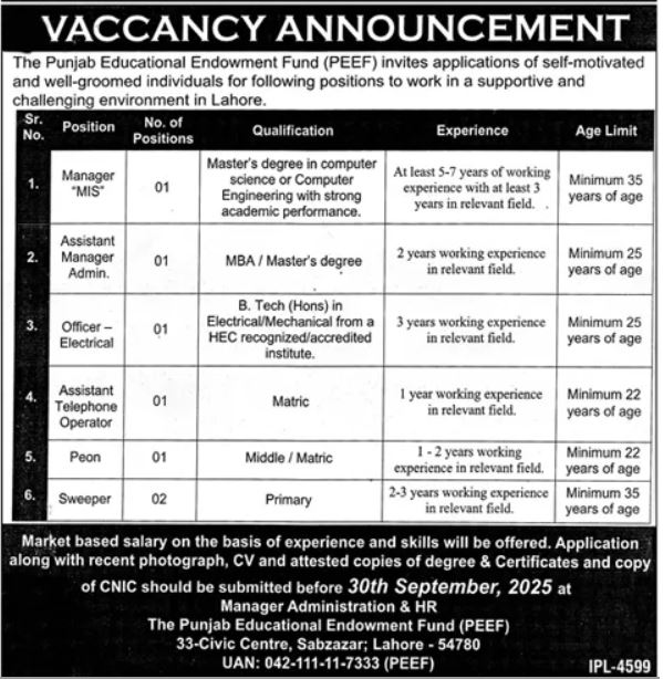 Punjab Educational Endowment Fund Jobs 2025